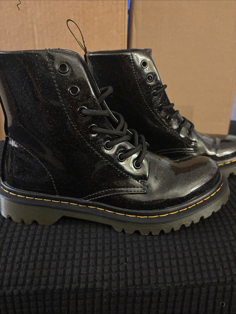 Dr. Martens Black Patent Lace-Up Combat Boots with Yellow Stitch